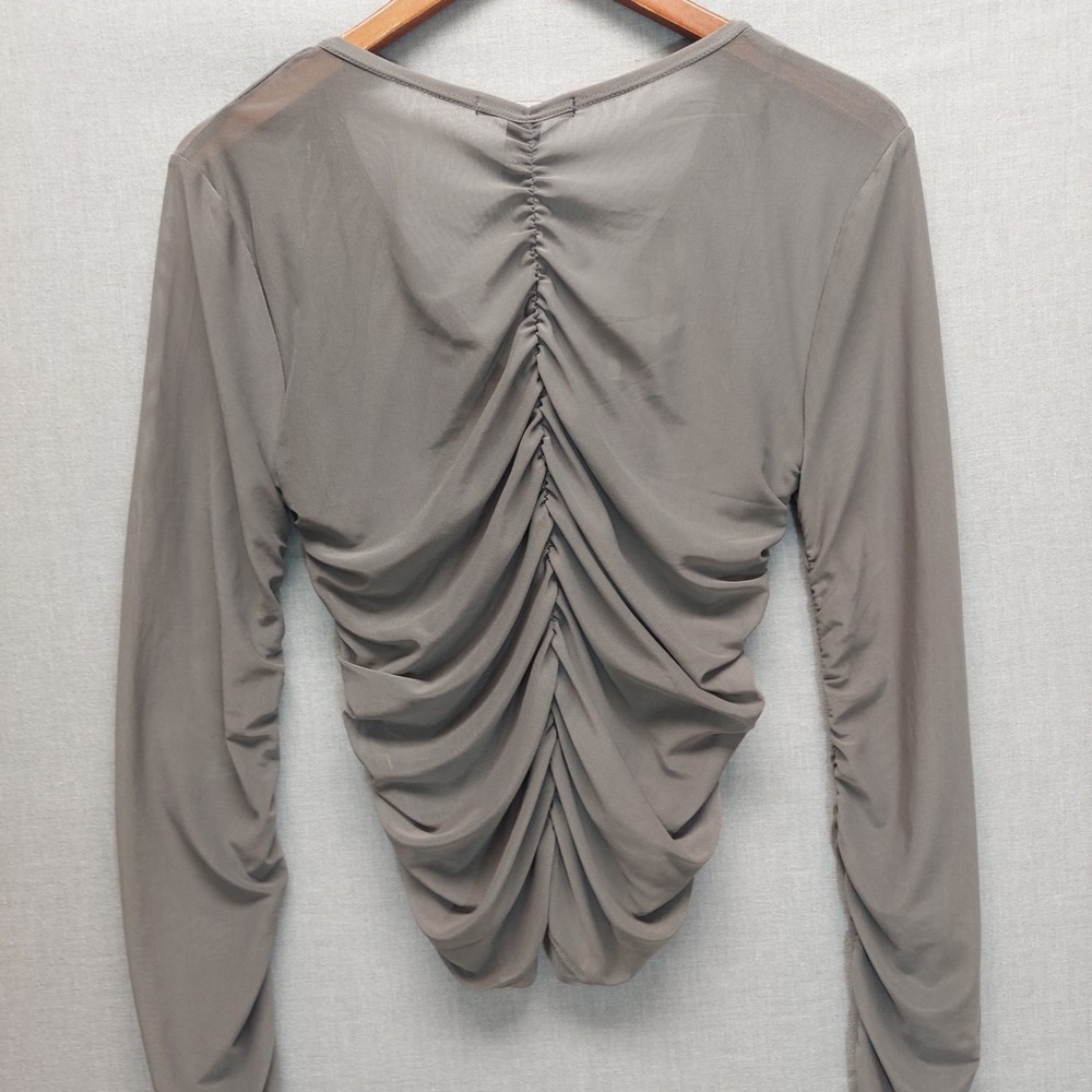 Y2K Mesh Ruched Button Front Top Women XL Gray Fairy Grunge Coquette Stretch - Picture 6 of 12